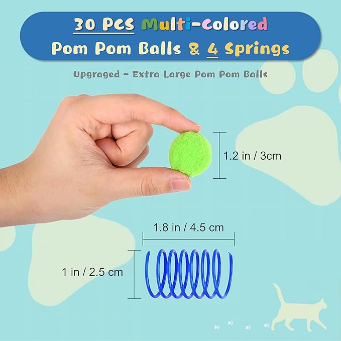 30 Pcs Premium Silent Cat Pom Pom Balls, Interactive Lightweight Assorted Colors Fuzzy Toy Balls (1.2 inches), with 4 Pcs Cat Spring Toy for Indoor Kitten Playing Exercising-PurrikoPets
