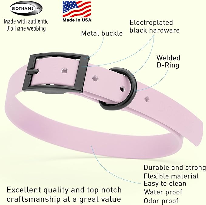 Dogline Biothane Waterproof Dog Collar Strong Coated Nylon Webbing with Black Hardware Odor- Proof for Easy Care Easy to Clean High Performance Fits Small Medium or Large Dogs, Pastel Purple-PurrikoPets