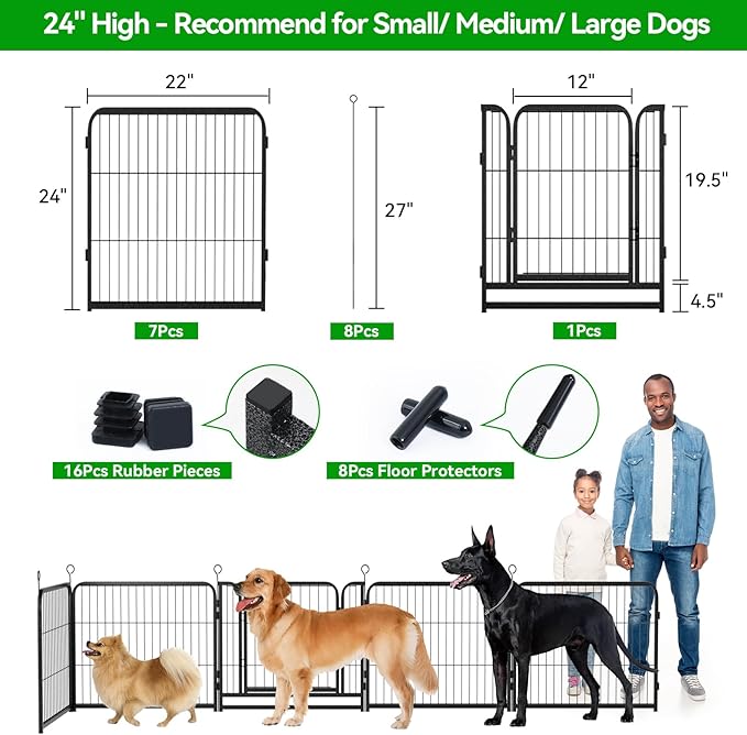 Dog Playpen Outdoor Extra Wide 16 Piece Panels Heavy Duty Dog Fence 24" Height Anti-Rust with Doors Portable for RV Camping Yard, Total 29FT, 68 Sq.ft, Snowy Black-PurrikoPets