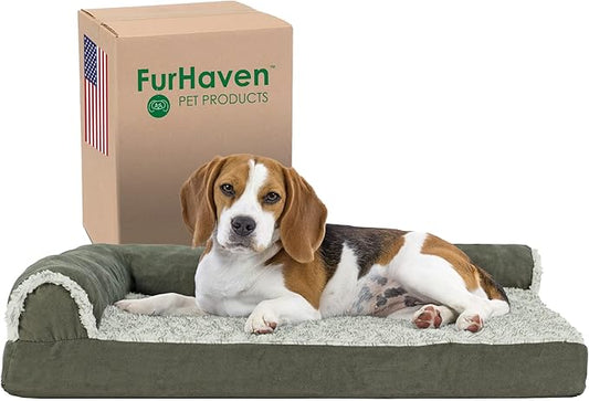 Furhaven Cooling Gel Dog Bed for Medium/Small Dogs w/ Removable Bolsters & Washable Cover, For Dogs Up to 35 lbs - Two-Tone Plush Faux Fur & Suede L Shaped Chaise - Dark Sage, Medium-PurrikoPets