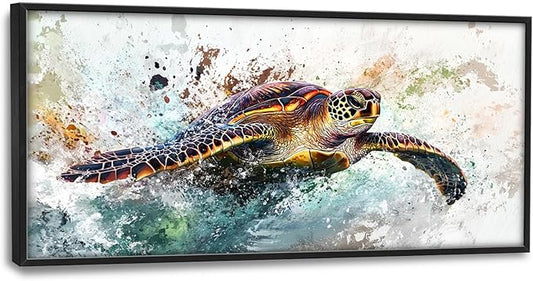 Extra Large Framed Sea Turtle Wall Art,Oversized Abstract Colorful Sea Nautical Wall Decor Pictures for Living Room,Canvas Print Painting Modern Artwork Bedroom Office Bathroom Home Decor 60L x30W-PurrikoPets