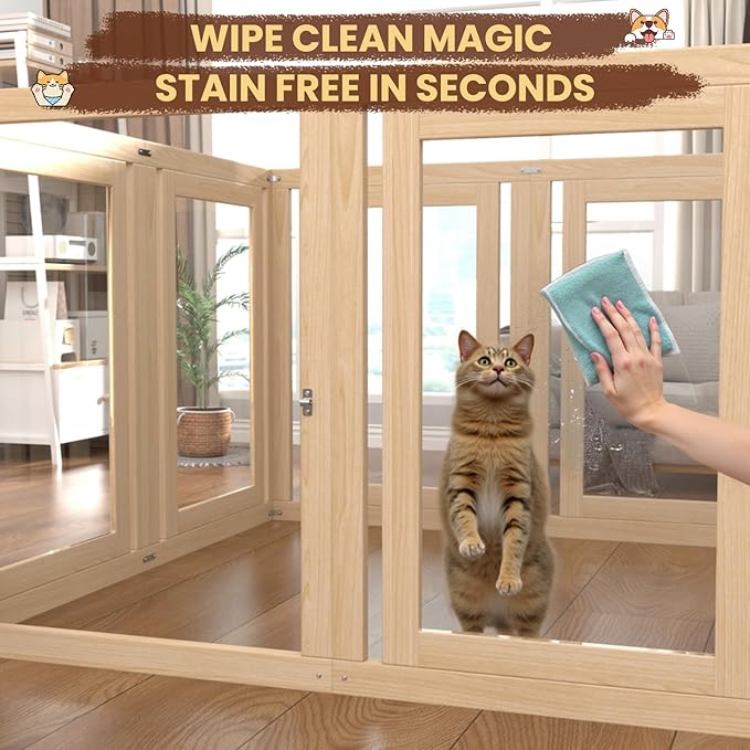 8 Panels Dog Playpen with Door, 23.6" H Pet Playpen Indoor, Clear Acrylic Puppy Playpens, Wooden Puppy Fence with Gate, Transparent Dog Pens, Pet Pen Indoor for Dogs, Cats, Rabbit, Small and Medium-PurrikoPets