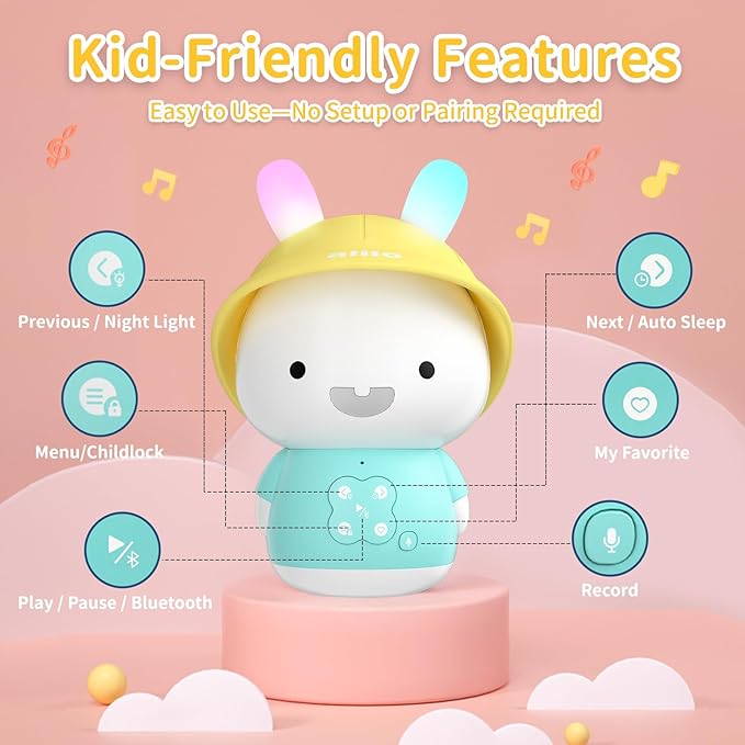 alilo Bunny Kids Music Player, Storytelling Toys for Toddler 1-3-5,Infant Baby Boy Girl Gifts Pre-Loaded 30 Stories/48 Nursery Rhymes/12 Soothing Music,with Nightlight,Bluetooth,Record Function-PurrikoPets