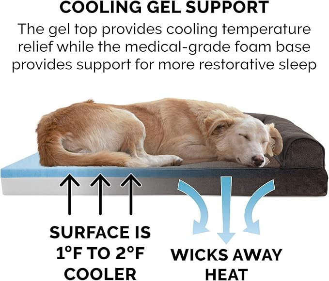 Furhaven Cooling Gel Dog Bed for Large Dogs w/ Removable Bolsters & Washable Cover, For Dogs Up to 95 lbs - Sherpa & Chenille Sofa - Coffee, Jumbo/XL-PurrikoPets
