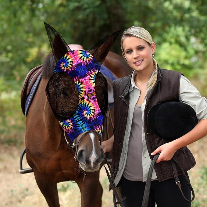 Frienda 4 Pieces Horse Fly Masks with Ears Face Covering UV Protection from Insect Pests Elasticity Smooth Comfortable Mesh Horse Mask Accessories(Tie-dye,Medium)-PurrikoPets