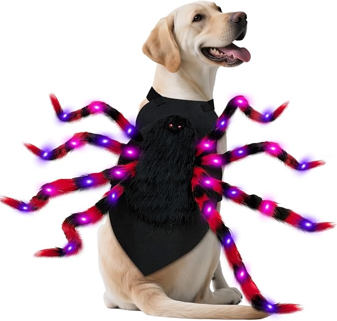 Dog Halloween Costume Large Breed, Furry Dog Spider Costume with 64 LED, Funny Halloween Dogs Costumes for Large Dogs Medium Pet Halloween Party Cosplay (Red)-PurrikoPets