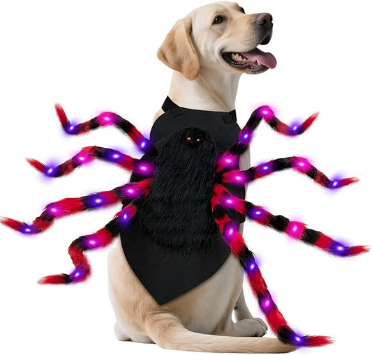 Dog Halloween Costume Large Breed, Furry Dog Spider Costume with 64 LED, Funny Halloween Dogs Costumes for Large Dogs Medium Pet Halloween Party Cosplay (Red)-PurrikoPets