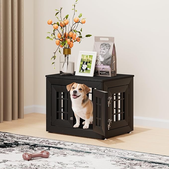 26" Heavy Duty Dog Crate Furniture for Small,Medium and Large Dogs,Rustic Wooden Dog Cage Kennel Indoor Furniture with Waterproof Top,Decorative Pet House Side End Table (Black)-PurrikoPets