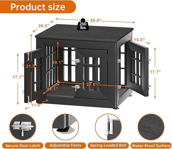 26" Heavy Duty Dog Crate Furniture for Small,Medium and Large Dogs,Rustic Wooden Dog Cage Kennel Indoor Furniture with Waterproof Top,Decorative Pet House Side End Table (Black)-PurrikoPets