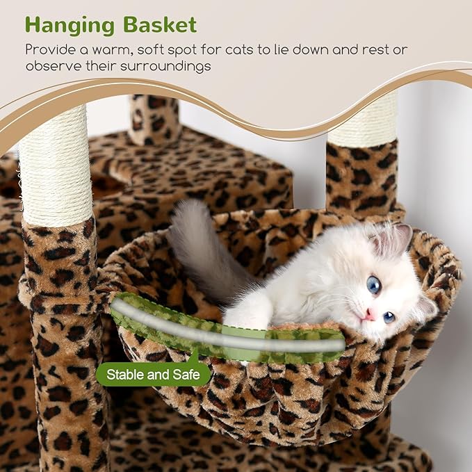 Globlazer Heavy Duty Cat Trees for Large Cats, Sturdy 72in Maine Coon Cat Tree for Large Cat 20 lbs+ Heavy Duty Cat Tower for Adult Biggest Cats with 6 Scratching Posts, Hammock, S72, Leopard Print-PurrikoPets