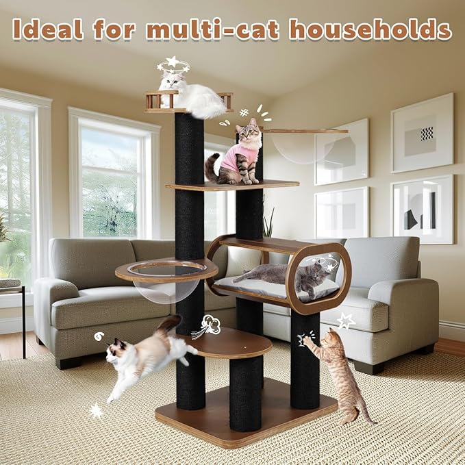 63'' Modern Cat Tree, Black Cat Tower with Scratching Post, Wooden Cat Tree for Indoor Cats Large Adult, Luxury Cat Furniture, Heavy Duty Activity Center with Transparent Bowl and Semi-Closed Condo-PurrikoPets