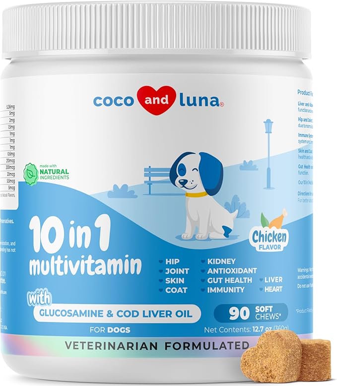 10 in 1 Multivitamin for Dogs - Glucosamine Chondroitin for Joint Support + Digestive Enzymes & Probiotics - Cod Liver Oil & Vitamins with Coq10 for Skin & Heart Health, Gut & Immune Support-PurrikoPets