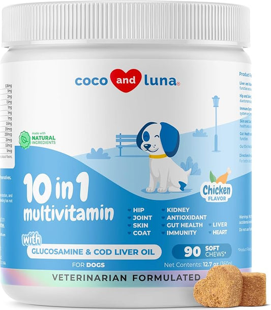 10 in 1 Multivitamin for Dogs - Glucosamine Chondroitin for Joint Support + Digestive Enzymes & Probiotics - Cod Liver Oil & Vitamins with Coq10 for Skin & Heart Health, Gut & Immune Support-PurrikoPets