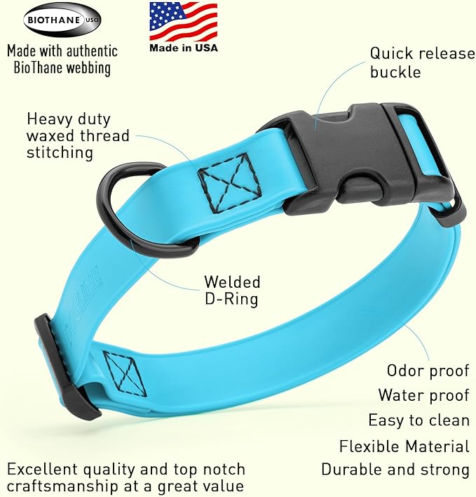 Dogline Biothane Waterproof Dog Collar with Quick Release Buckle Strong Coated Nylon Webbing with Odor- Proof for Easy Care Easy to Clean Fits Small Medium Large Dogs, Cyan Blue 5/8" W 9-14" L-PurrikoPets