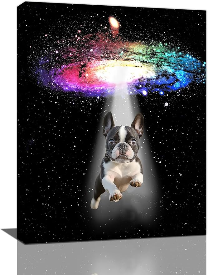 Funny Dog Wall Art Canvas Boston Terrier Wall Decor Prints Framed Painting Bulldog Galaxy Pictures Gifts Artwork for Bathroom 12"x16"-PurrikoPets