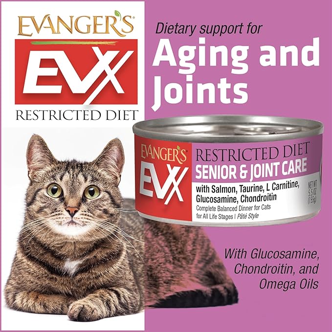 Evanger’s EVX Restricted Diet Senior and Joint Health Canned Cat Food – 24 Count, 5.5 oz Cans Each – Salmon with Taurine, L Carnitine, Glucosamine & Chondroitin – Grain Free Pâté Style-PurrikoPets
