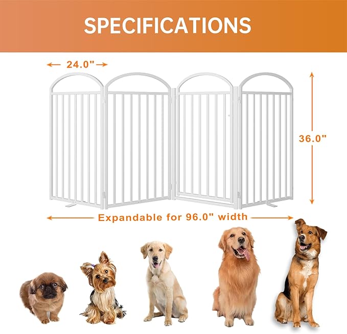 4 Panles Full Matel Freestanding Dog Gates with Door, 96"Extra Wide 36"Tall Free Standing Dog Pet Gate for Indoor & Outdoor. Foldable Pet Fences for Doorways, House, Stairs, Porch, Deck, Yard-PurrikoPets