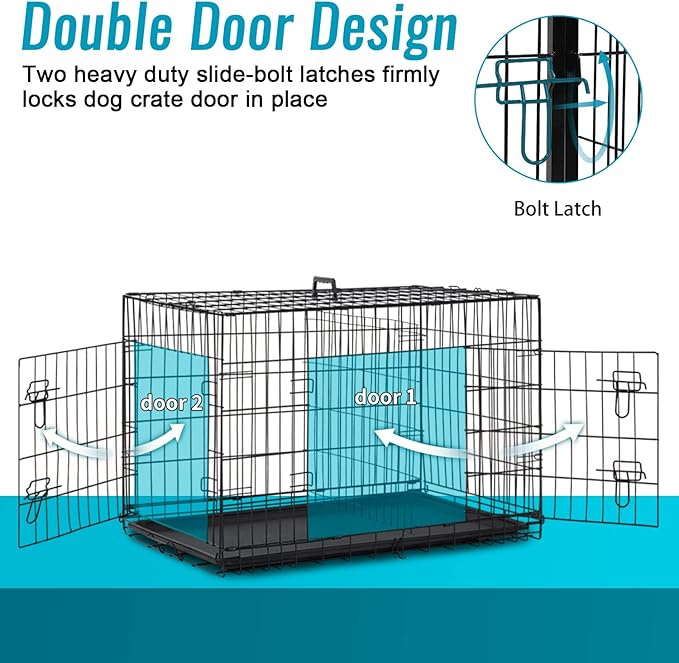 FDW Dog Crate for Small Dogs 24 Inch Folding Metal WirePet Cage Double Door W/Divider Panel Indoor Outdoor Kennel Leak-Proof Plastic Tray,Black-PurrikoPets