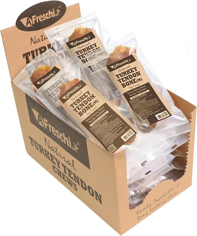 Afreschi Natural Turkey Tendon Bone (M) 20 Units/Box, Dog Treats for Signature Series, All Natural Human Grade Puppy Chew, USA-Sourced Turkey Tendon, Hypoallergenic, Rawhide Alternative-PurrikoPets