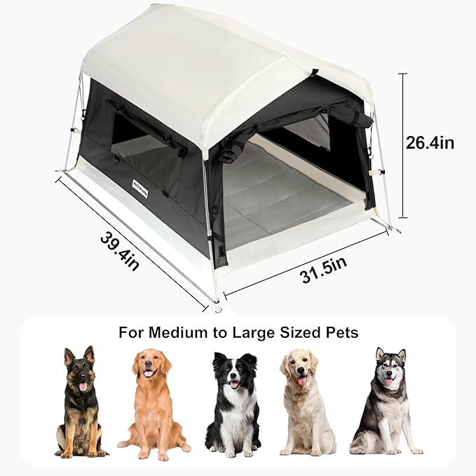 Dog Tent Cotton Fabric, Aluminum Poles and Camping Mat, Outdoor Weatherproof, Dog House Outdoor, Breathable with 2 Side Windows, Portable and Collapsible (Black, Large)-PurrikoPets