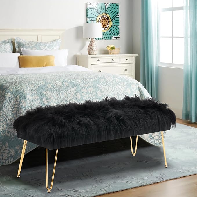 42.5 Inch Black Bedroom Bench, Benches for Bedroom White Faux Fur Upholstered Bed end Bench, Tufting Ottoman Bench Indoor Bench with Metal Legs for Living Room Bedroom Entryway, Black-PurrikoPets
