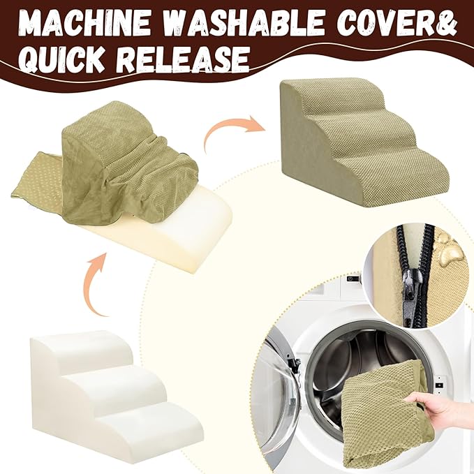 Dog Stairs for Small Dogs - High Density Foam Pet Steps, Extra Wide Dog Ramp with Non-Slip Bottom for High Beds, Couch and Sofa, Best for Dogs Injured, Older Doggy Cats,3 Steps, Camel-PurrikoPets