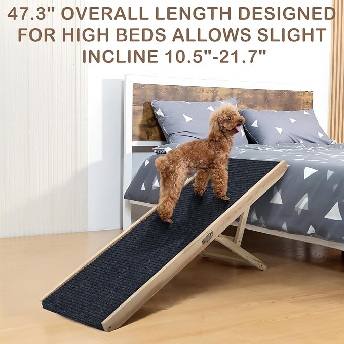 Folding Dog Ramp Safety for Bed, Wooden 5 Adjustable Height Pet Ramps, Potable Dog Steps with Non-Slip Traction Mat, Dog Step, Dogs Stairs for SUV Car, Couch, Safe,Height Bed(47.3 Inch Long)-PurrikoPets
