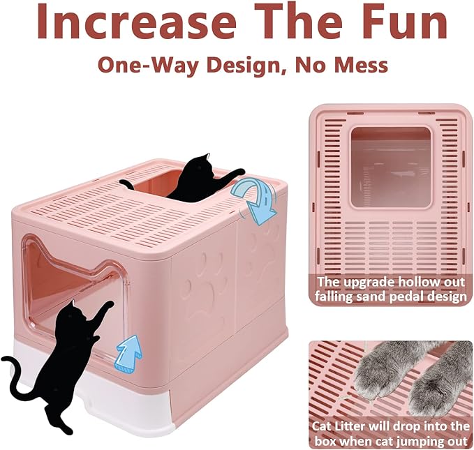 Foldable Cat Litter Box with Lid, Enclosed Potty, Large Top Entry Anti-Splashing Toilet, Easy to Clean Including Litter Scoop and 2-in-1 Cleaning Brush (Pink)-PurrikoPets