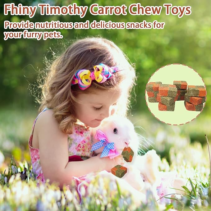 Fhiny 12 PCS Rabbit Carrots Chew Toys, Natural Timothy Hay Biscuit Cubes Rabbit Carrot Molar Treats Small Pet Snacks for Bunny Hamster Chinchilla Guinea Pig or Other Small Animals-PurrikoPets