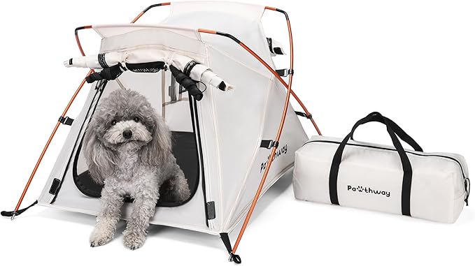 Dog Tent Cat Tent with Aluminum Poles and Camping Mat, Outdoor Waterproof Pet Tent with Zippered Mesh Door, Dog House, Cat House, Pet Playpen, Portable and Collapsible (White, Small)-PurrikoPets