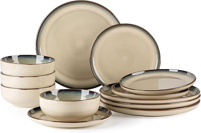 GBHOME Ceramic Dinnerware Sets for 4, 12 Pieces Stoneware Plates and Bowls Sets, Scratch Resistant Dishes, Dishwasher & Microwave Safe, Reactive Glaze-Gravel-PurrikoPets