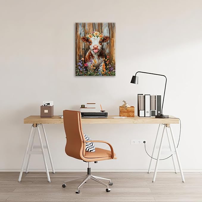 Funny Cow Bathroom Pictures Wall Art, Rustic Brown Cute Cow Bathroom Wall Decor, Farmhouse Floral Framed Painting Animal Flower Canvas Artwork for Bedroom Living Room Decorations 16"L x 12"W-PurrikoPets
