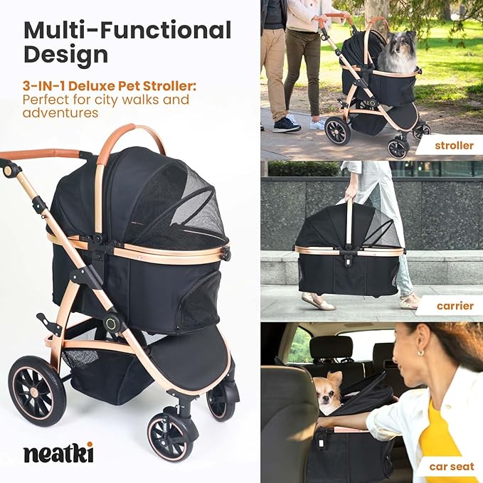 3 in 1 Pet Stroller - Stroller for Small to Medium Dogs and Cats up to 55 lbs, with Detachable Carrier/Car Seat, Foldable and Lightweight, Detachable Cushion + Cup Holder (Black/Gold)-PurrikoPets
