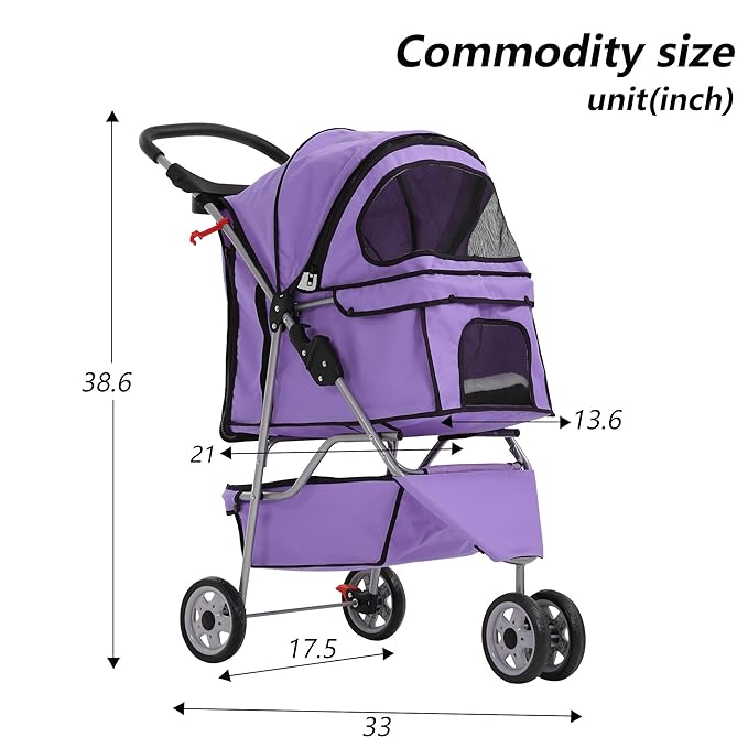 Dog Stroller,3 Wheels Travel Folding Pet Strollers for Small Medium Dog Cat Jogger Stroller with Storage Basket Removable Liner Purple-PurrikoPets