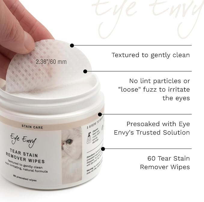 Eye Envy Tear Stain Wipes for Cats. Textured to Gently Clean, Treats The Cause of Staining. 100% Natural Formula. Recommended by Persian & Exotic Breeders, Vets, Groomers. USA Made. 60 Cat Eye Wipes-PurrikoPets