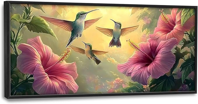 Framed Large Hummingbird Wall Art for Living Room, Oversized Rustic Bird Flower Wall Decor Floral Canvas Painting Nature Sunrise Pictures Modern Artwork for Bedroom Office Dinging Room 60"x30"-PurrikoPets