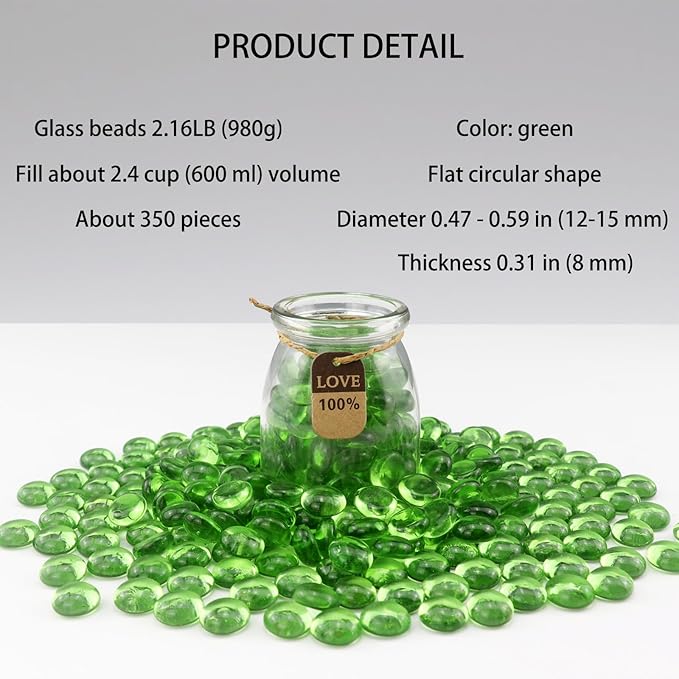 2.16LB Glass Beads Vase Filler Aquarium Gravel Decor Flat Glass Marbles Gems Pebbles Fish Tank Rocks Home Decorative Art Craft - Green-PurrikoPets