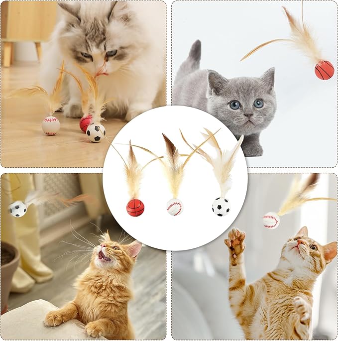 6 Pcs Feather Ball Cat Toy,Interactive Feather Bouncy Ball Toy Set for Cats,Mini and Elastic,Suitable for Pets to Play Indoors and Outdoors-PurrikoPets