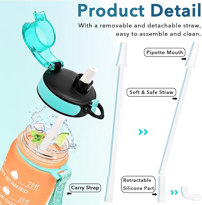 Enerbone Water Bottle, Leakproof BPA & Toxic Free, Motivational Water Bottle with Times to Drink and Straw, Fitness Sports Water Bottle with Strap for Office, Gym, Outdoor Sports-PurrikoPets