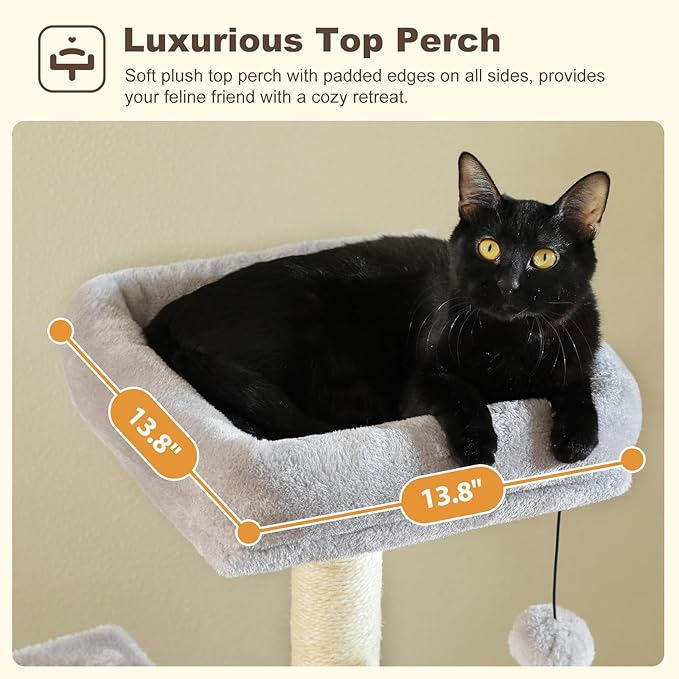 62-Inch Cat Tree for Indoor Cats, Large Cat Tower with Scratching Posts for Large Cats, 2 Bigger Plush Condos, Padded Platform, Soft Cat Bed and Scratching Pad, 2 Pompoms, Gray-PurrikoPets