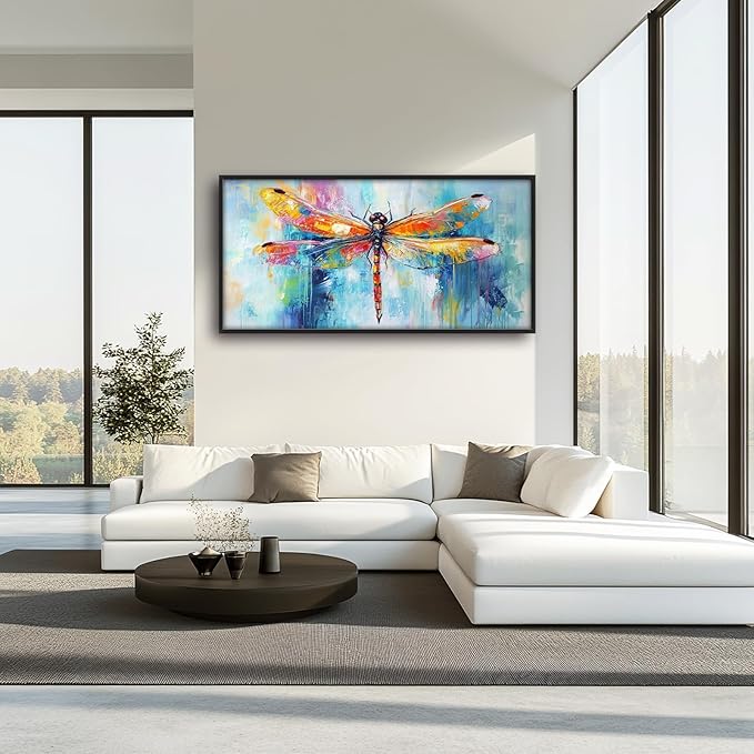 Extra Large Abstract Dragonfly Framed Wall Art for Living Room,Oversized Colorful Dragonfly Pictures Wall Decor,Teal Canvas Print Painting Modern Artwork Bedroom Office Bathroom 60L" x 30W"-PurrikoPets