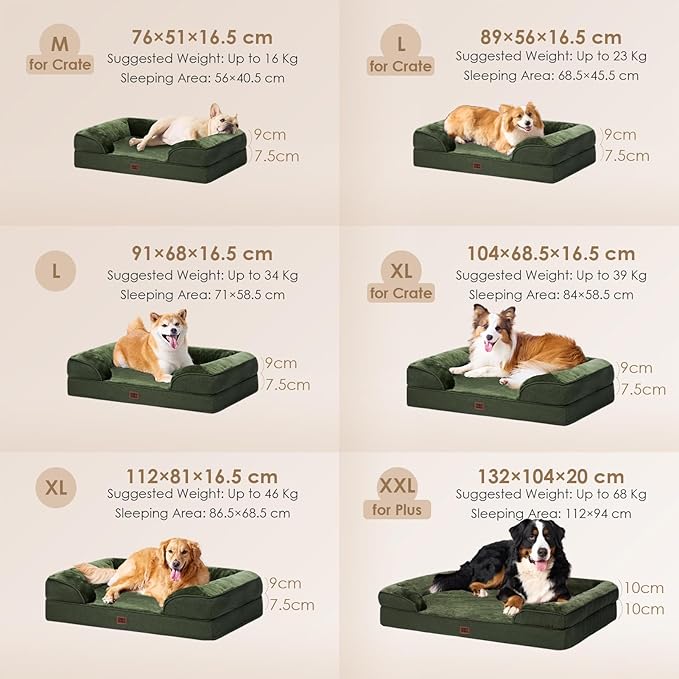 EHEYCIGA Orthopedic Dog Beds for Large Dogs, Waterproof Memory Foam Large Dog Bed with Sides, Non-Slip Bottom and Egg-Crate Foam Pet Couch Bed with Washable Removable Cover, Dark Green-PurrikoPets
