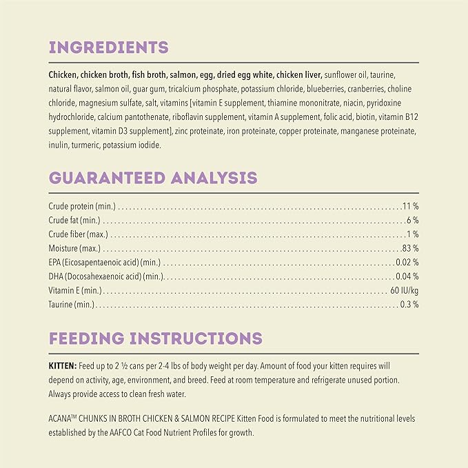 ACANA Chunks in Broth Wet Cat Food Chicken & Salmon Recipe for Kittens 3oz Cans (12 Count)-PurrikoPets