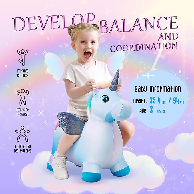 EVERICH TOY Unicorn Bouncy Horses Inflatable Plush Hopping Toy Bouncing Hopper Animals for Toddlers,Outdoor&Indoor Bouncy Animals for Toddlers,Gift for 18 Months 2 3 4 Year Old (W/Pump)-PurrikoPets