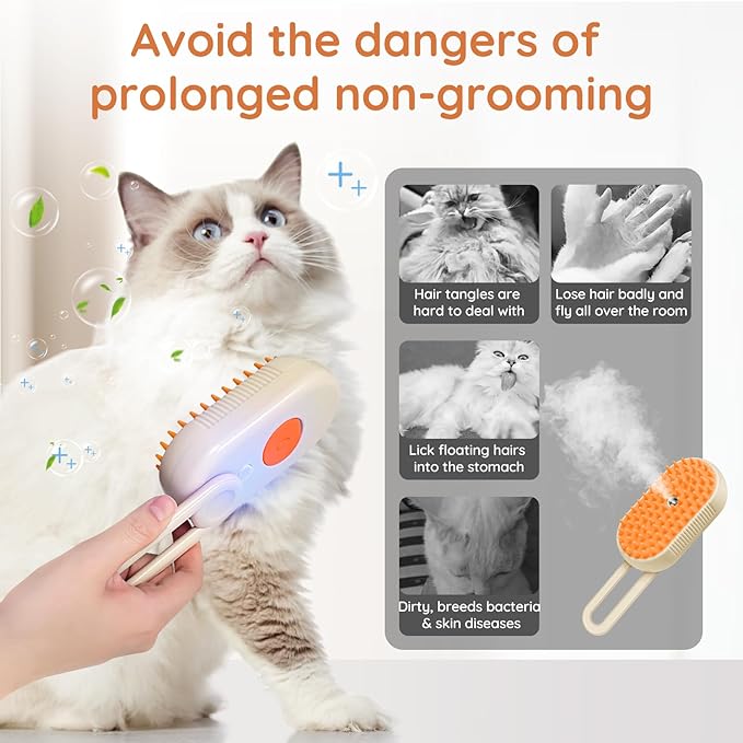 GKZ Cat Steam Brush, 3 in 1 Pet Comb for Massage, Cleaning, Shedding and Combing, Electric Mist to Prevent Flyaways for Home, Dogs and Cat Lovers - Khaki-PurrikoPets