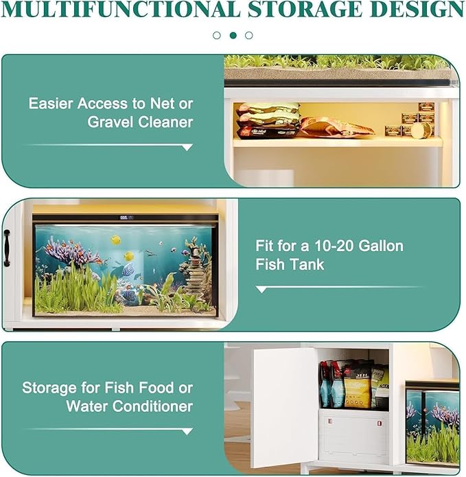 55 Gallon Fish Tank Stand with LED Light & Power Outlets, 55-75 Gallon Aquarium Stand with Drawer & Barn Door, 50" L x 20" W Cabinet for 2 Fish Tank Accessories Storage, Turtle Tank, Antique White-PurrikoPets