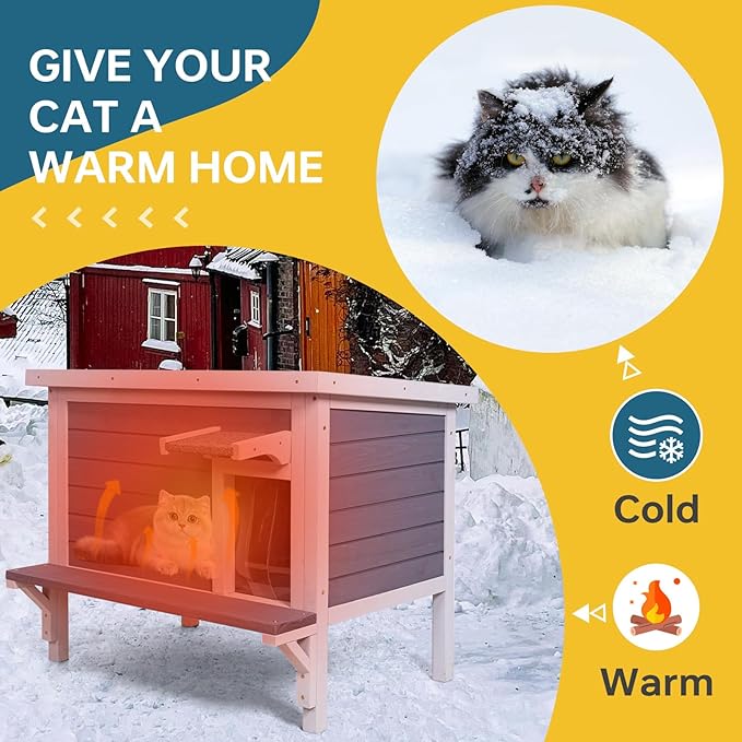 GEGURI Insulated Cat House Outdoor Weatherproof Feral Cat Shelter for Winter Large Wooden Enclosure with Escape Door-PurrikoPets