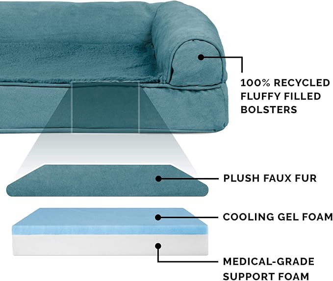 Furhaven Cooling Gel Dog Bed for Large Dogs w/ Removable Bolsters & Washable Cover, For Dogs Up to 95 lbs - Plush & Suede Sofa - Deep Pool, Jumbo/XL-PurrikoPets