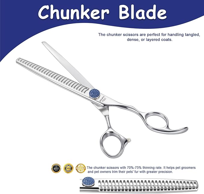 7'' Dog Grooming Scissors CNC 440C Blades Sharp and Durable Polished Chunker Dog Shears with Blue Diamond Adustable Screws Easy to Use for Groomer and Home User-PurrikoPets