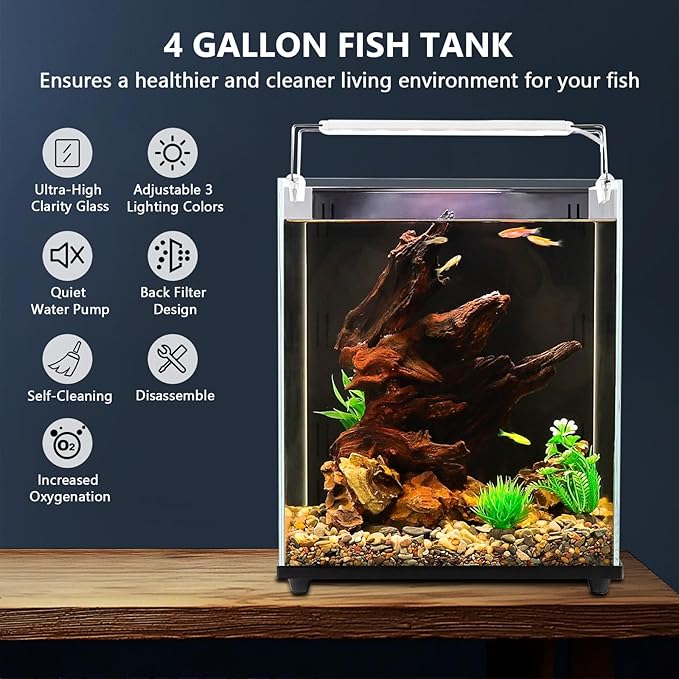 fishkeeper 4 Gallon Fish Tank Starter Kit, Small Aquarium with Filter and Adjustable 3 Color Lighting Self Cleaning Fish Bowl Rimless Aquarium for Beginners (Freshwater Fish Tank)-PurrikoPets